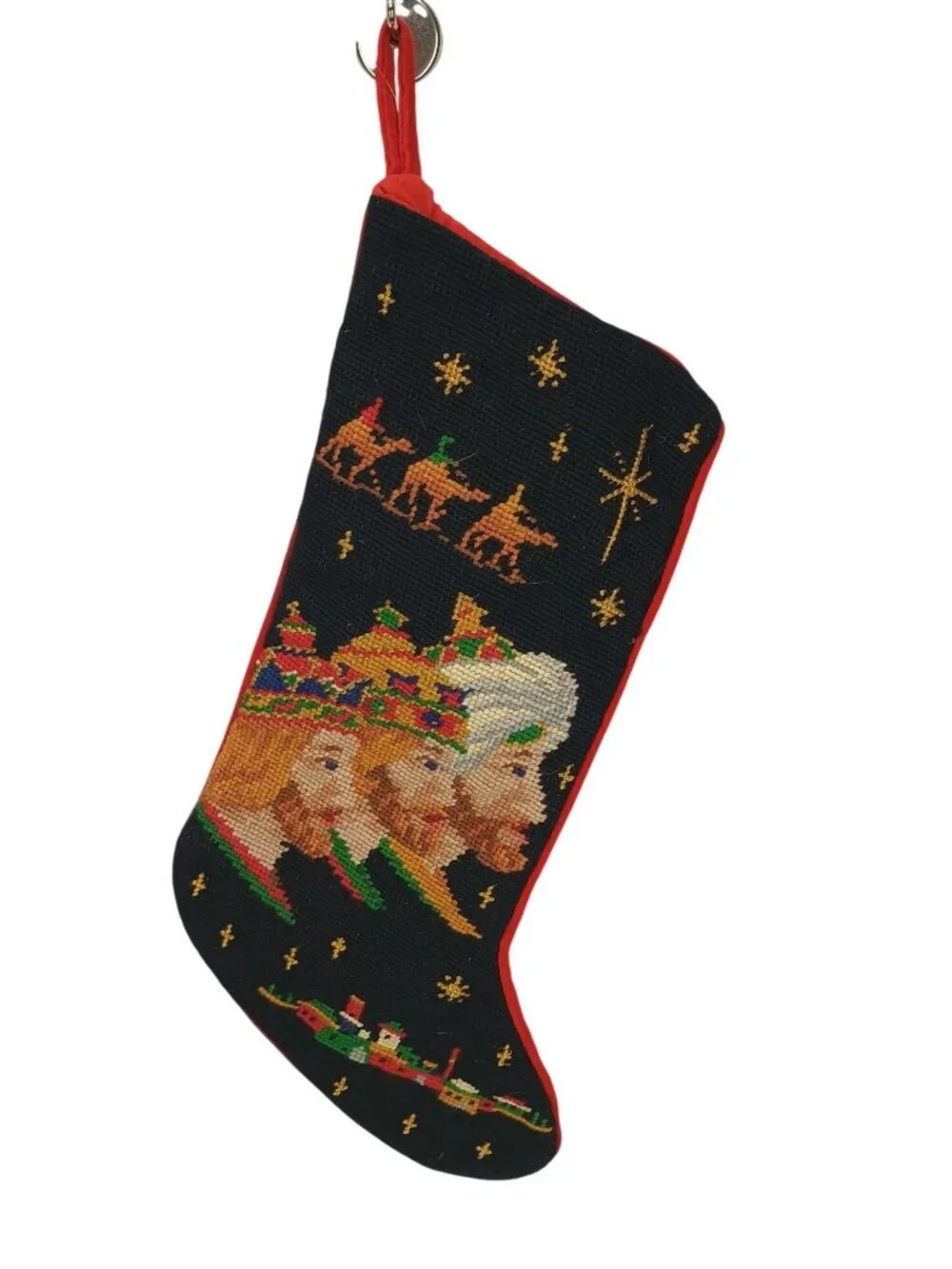 Handcrafted Needlepoint Christmas Stocking King Wise Men & Camel Red Backing 20